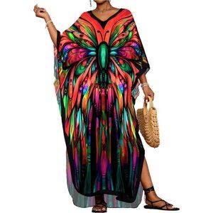 Floral Print Kaftan Dress Plus Size Bohemian Beach Coverup Long Viscose